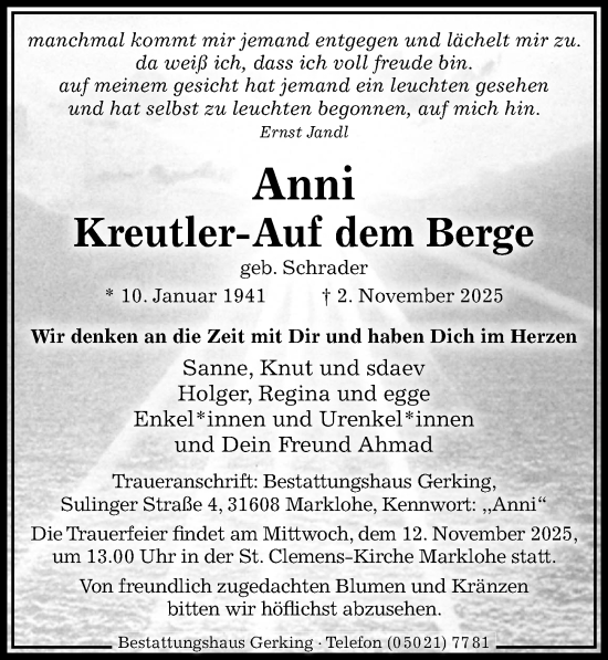 Traueranzeige von Anni Kreutler-Auf dem Berge von Die Harke