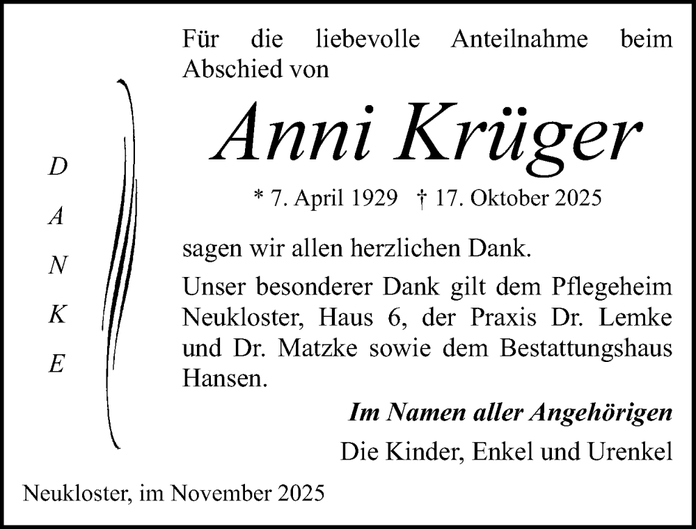  Traueranzeige für Anni Krüger vom 15.11.2025 aus Ostsee-Zeitung GmbH