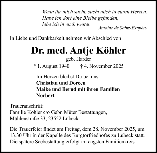 Traueranzeige von Antje Köhler von Lübecker Nachrichten