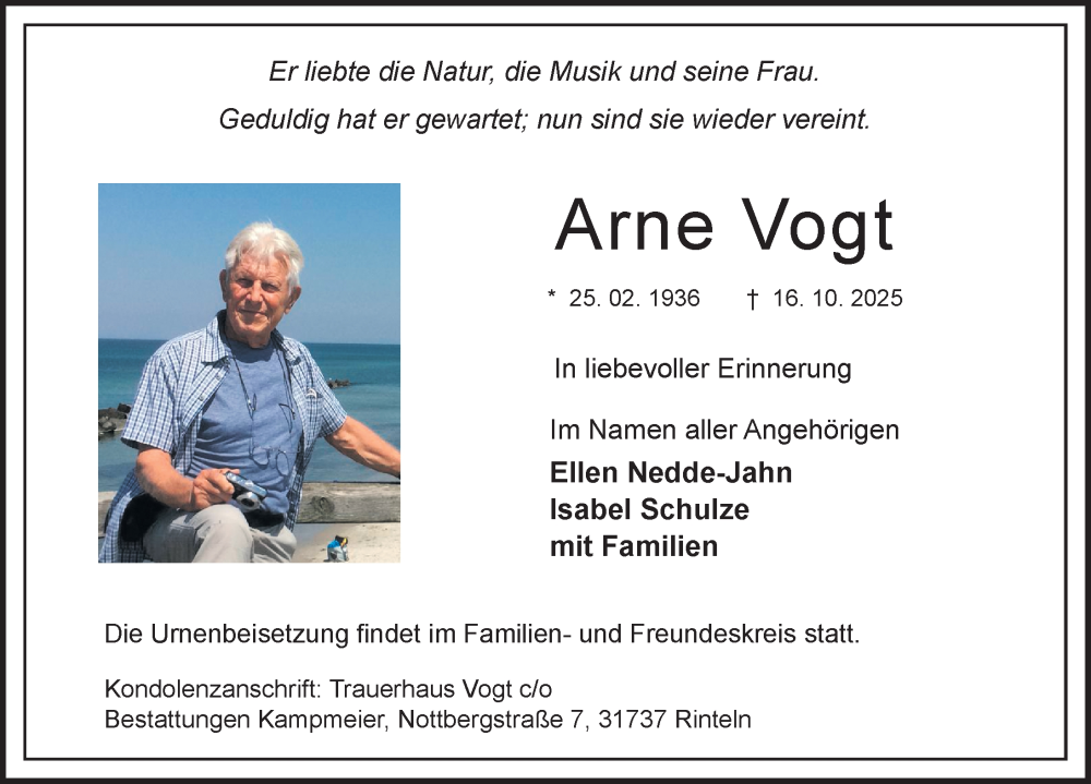  Traueranzeige für Arne Vogt vom 15.11.2025 aus Schaumburger Nachrichten und Schaumburger Zeitung/ Landes-Zeitung