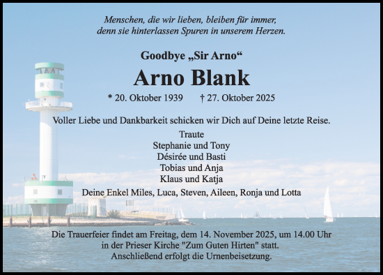 Traueranzeige von Arno Blank von Kieler Nachrichten