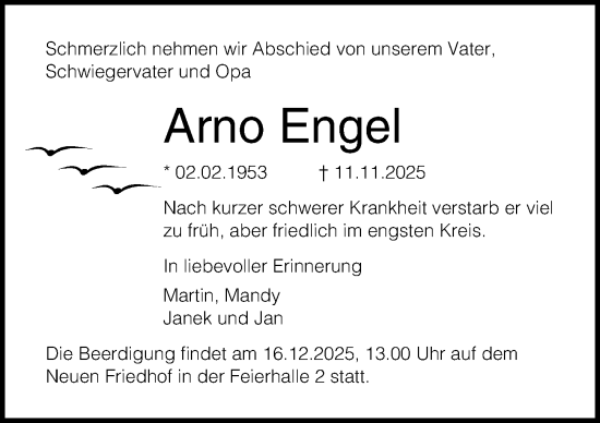 Traueranzeige von Arno Engel von Ostsee-Zeitung GmbH