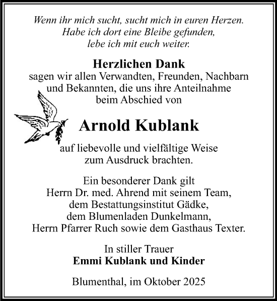 Traueranzeige von Arnold Kublank von Wochenspiegel