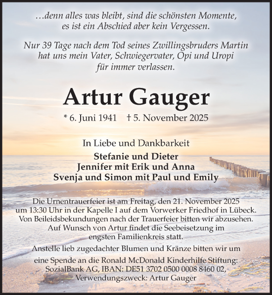 Traueranzeige von Artur Gauger von Lübecker Nachrichten