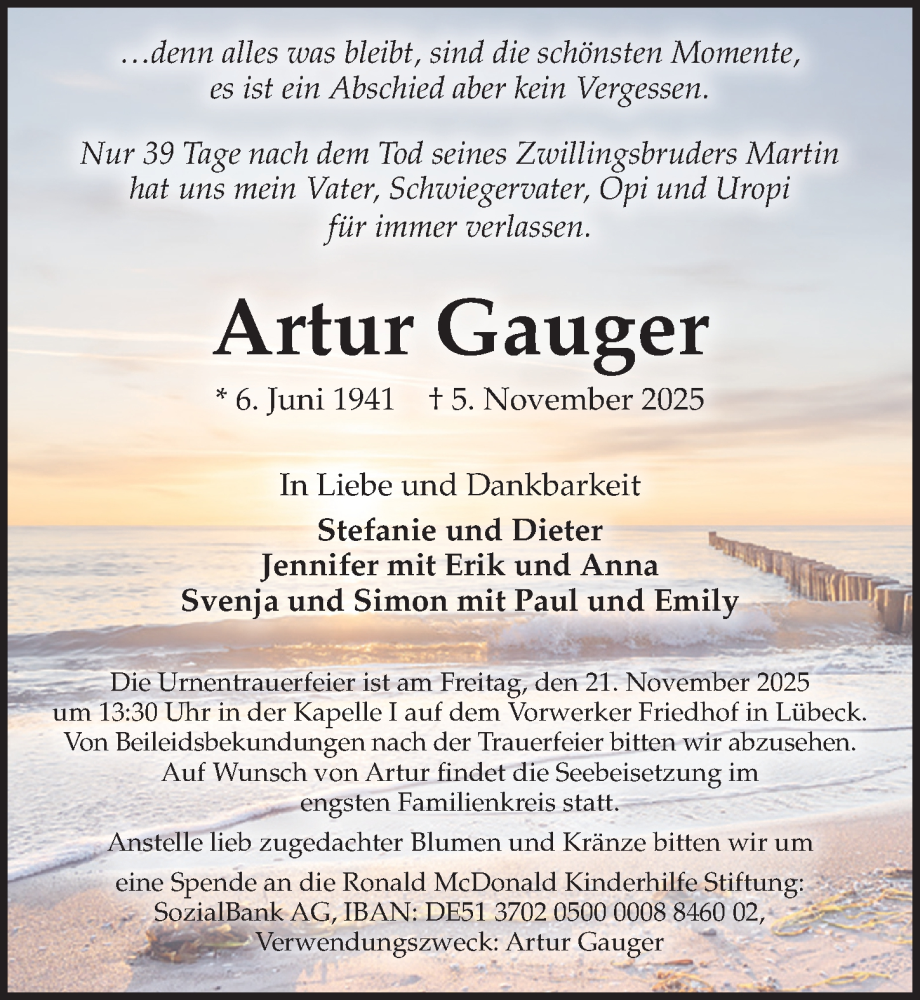  Traueranzeige für Artur Gauger vom 16.11.2025 aus Lübecker Nachrichten