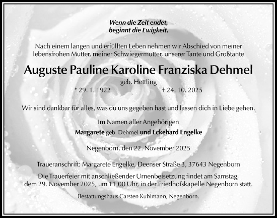 Traueranzeige von Auguste Pauline Karoline Franziska Dehmel von Täglicher Anzeiger Holzminden