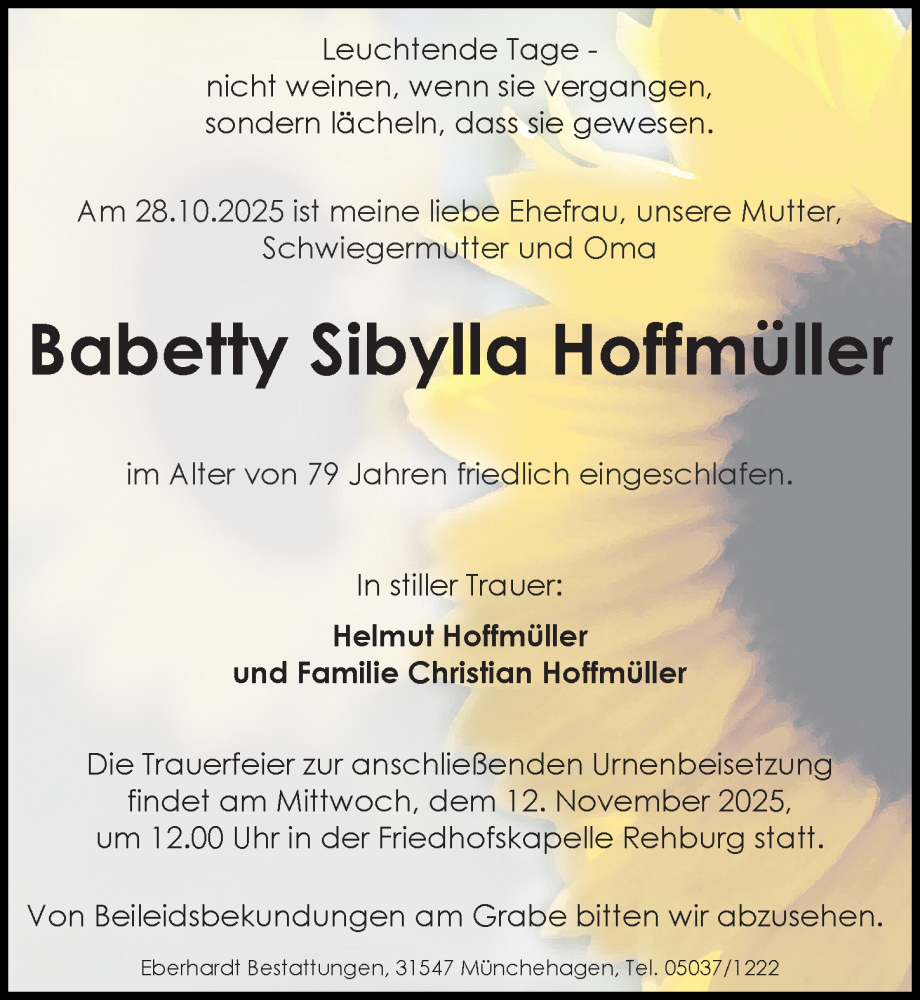  Traueranzeige für Babetty Sibylla Hoffmüller vom 08.11.2025 aus Die Harke