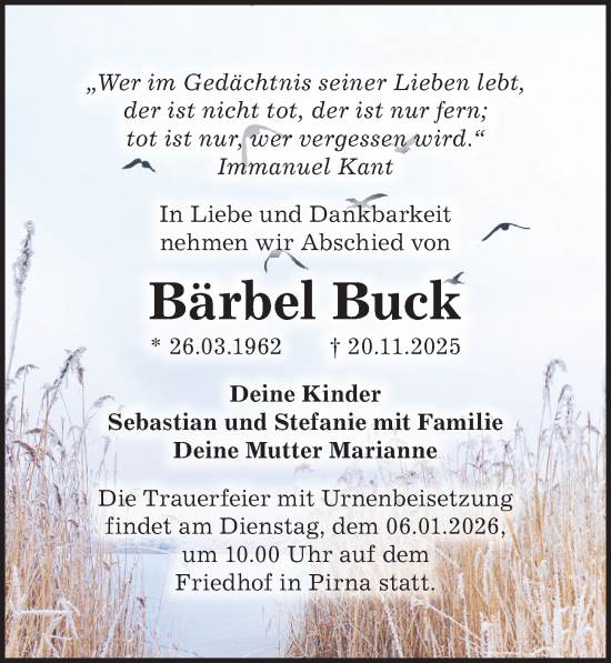 Traueranzeige von Bärbel Buck von Sächsische Zeitung