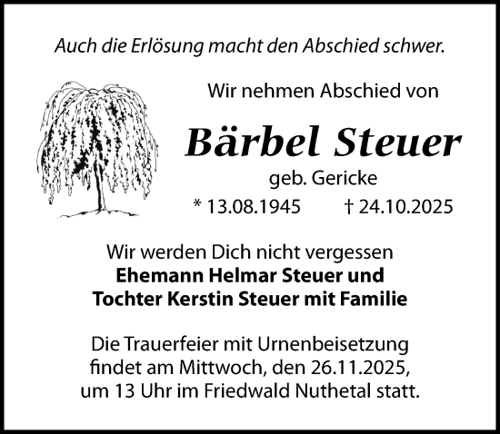 Traueranzeige von Bärbel Steuer von Märkischen Allgemeine Zeitung