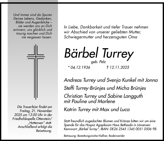 Traueranzeige von Bärbel Turrey von Täglicher Anzeiger Holzminden