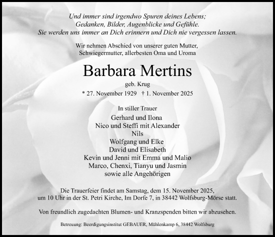 Traueranzeige von Barbara Mertins von Aller Zeitung