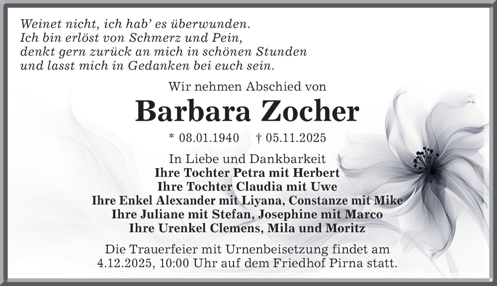  Traueranzeige für Barbara Zocher vom 22.11.2025 aus Sächsische Zeitung