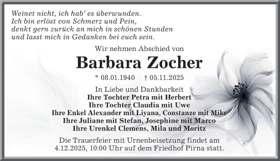 Traueranzeige von Barbara Zocher von Sächsische Zeitung