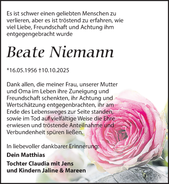 Traueranzeige von Beate Niemann von Sächsische Zeitung