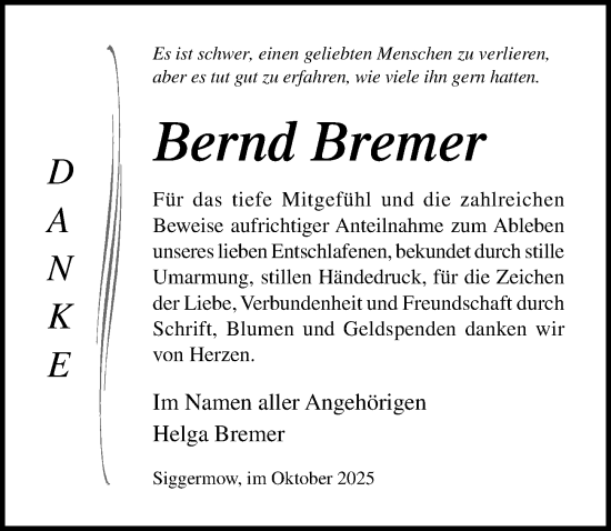 Traueranzeige von Bernd Bremer von Ostsee-Zeitung GmbH