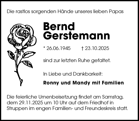 Traueranzeige von Bernd Gerstemann von Sächsische Zeitung