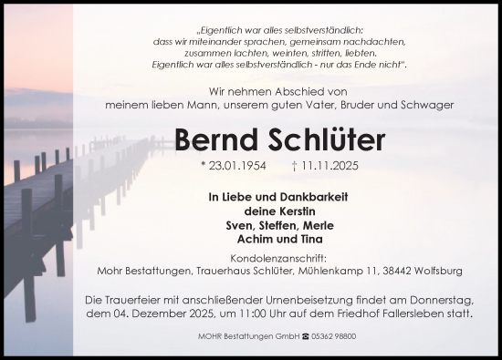 Traueranzeige von Bernd Schlüter von Aller Zeitung
