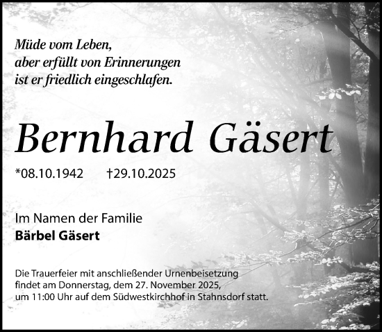 Traueranzeige von Bernhard Gäsert von Märkischen Allgemeine Zeitung