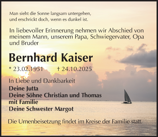 Traueranzeige von Bernhard Kaiser von Sächsische Zeitung