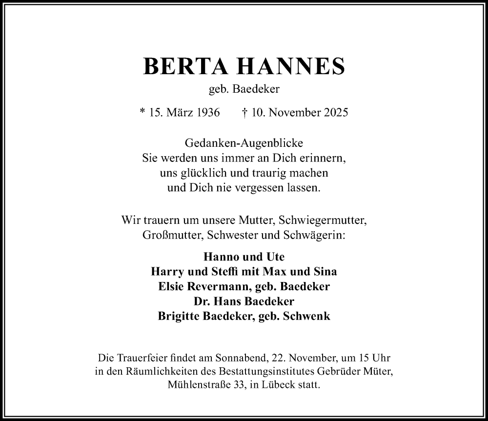  Traueranzeige für Berta Hannes vom 16.11.2025 aus Lübecker Nachrichten