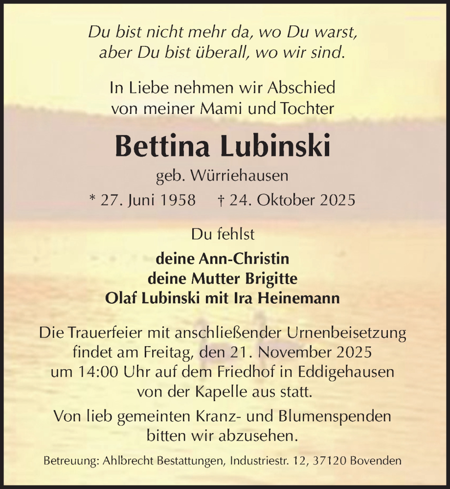  Traueranzeige für Bettina Lubinski vom 15.11.2025 aus Göttinger Tageblatt