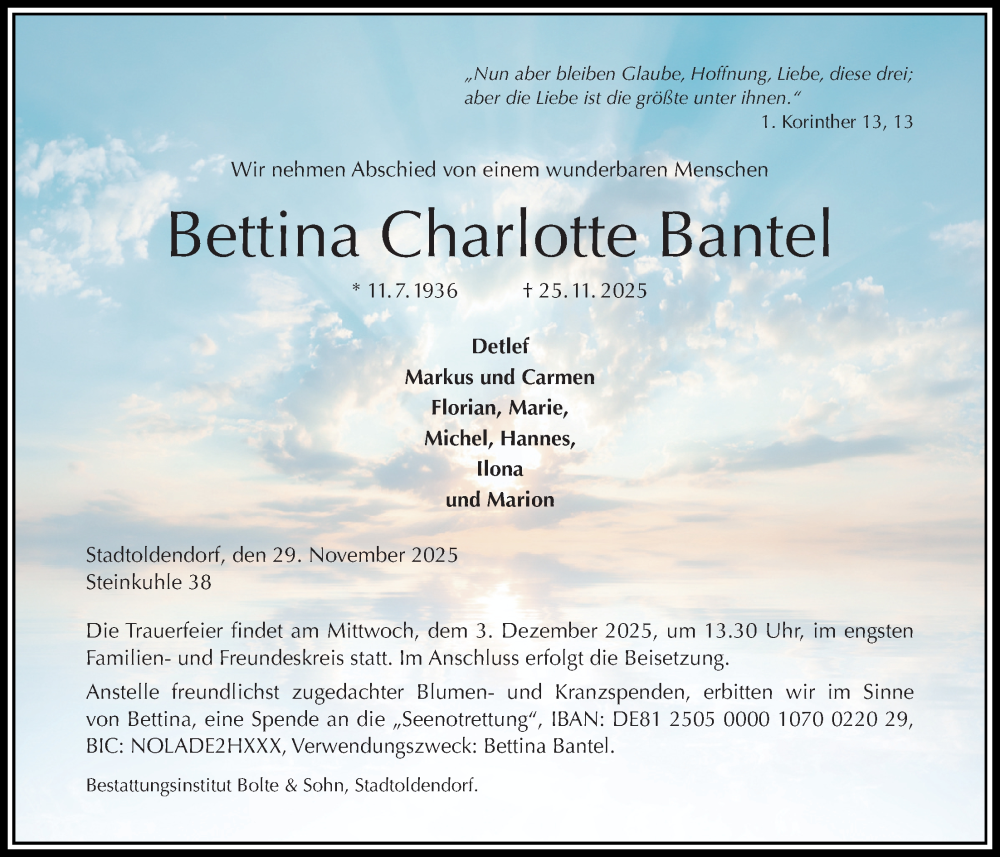  Traueranzeige für Bettina Charlotte Bantel vom 29.11.2025 aus Täglicher Anzeiger Holzminden