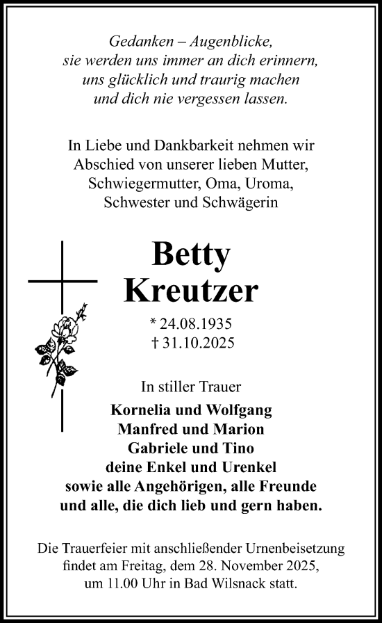 Traueranzeige von Betty Kreutzer von Wochenspiegel