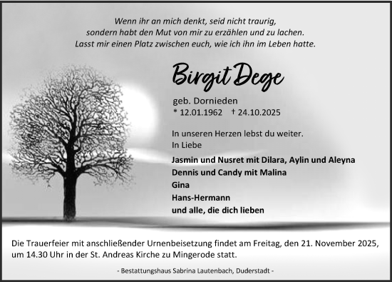 Traueranzeige von Birgit Dege von Eichsfelder Tageblatt