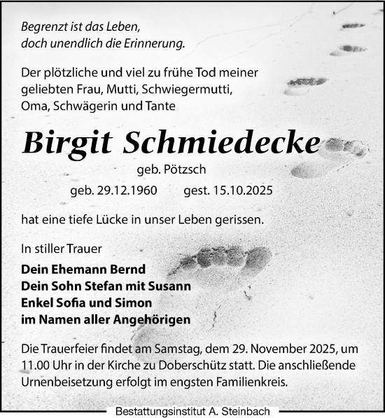Traueranzeige von Birgit Schmiedecke von Leipziger Volkszeitung