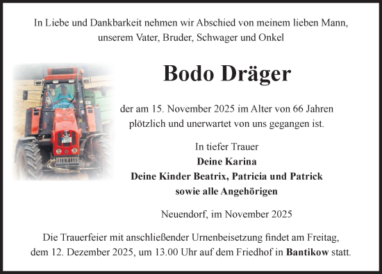 Traueranzeige von Bodo Dräger von Wochenspiegel