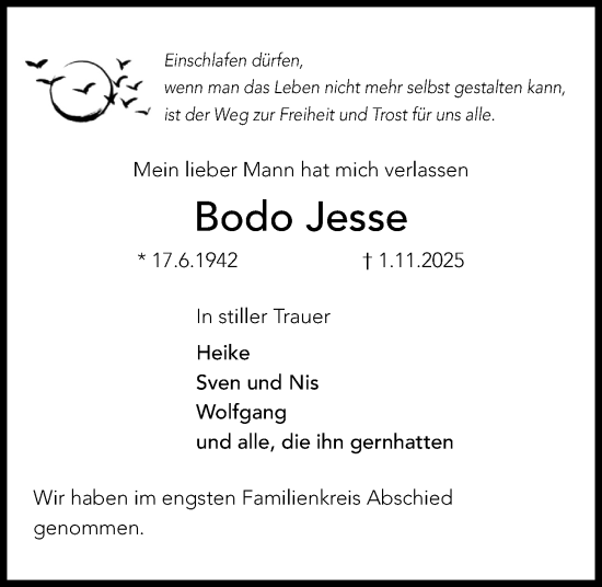 Traueranzeige von Bodo Jesse von Kieler Nachrichten