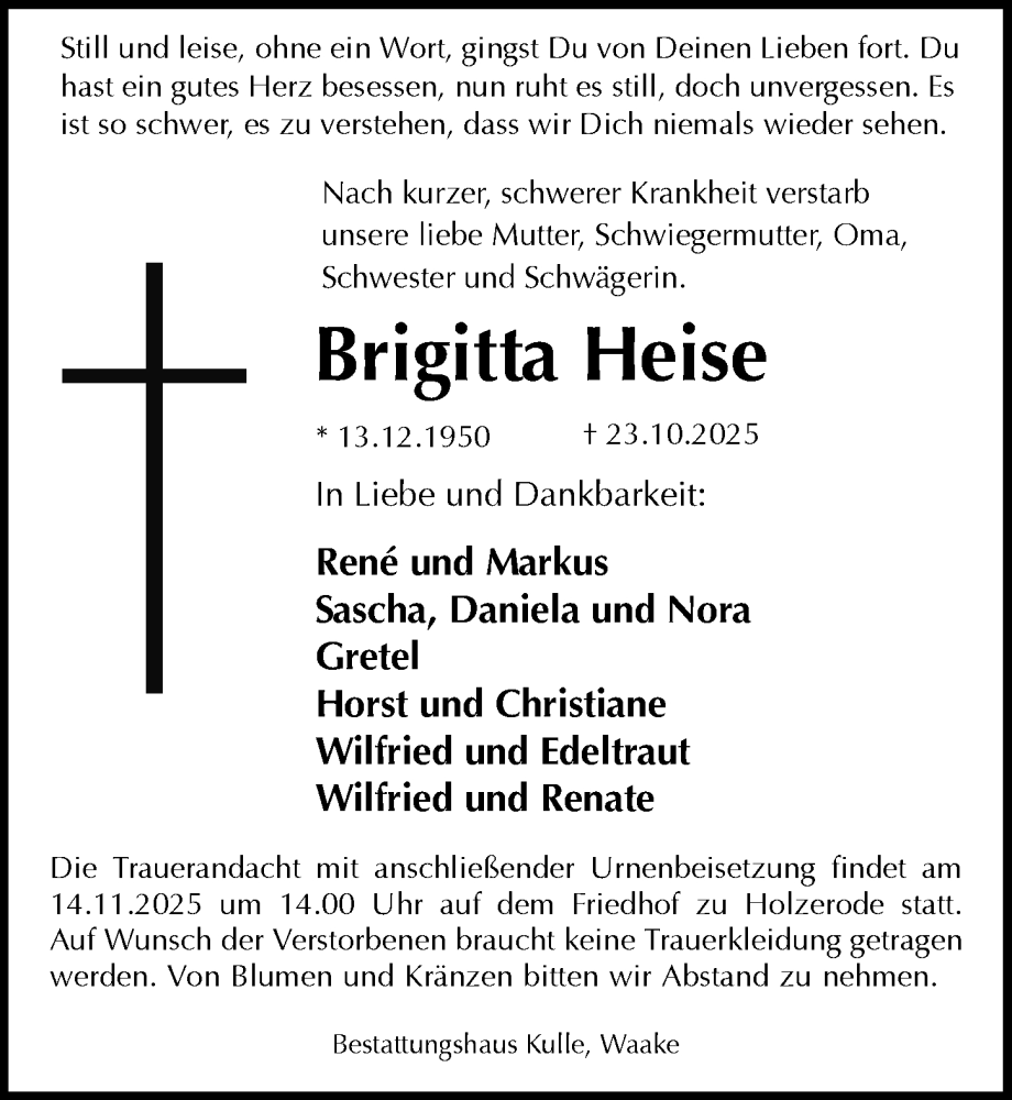  Traueranzeige für Brigitta Heise vom 08.11.2025 aus Göttinger Tageblatt
