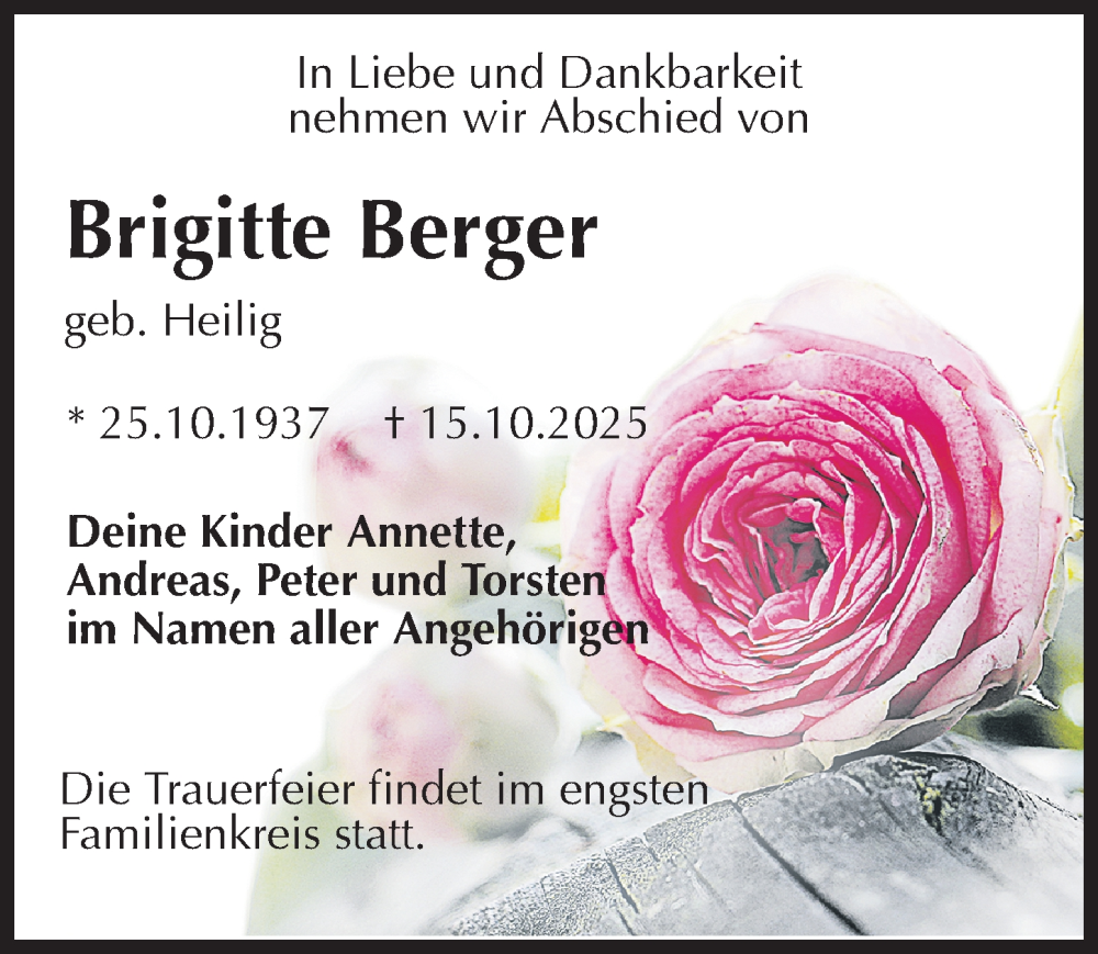  Traueranzeige für Brigitte Berger vom 08.11.2025 aus Sächsische Zeitung