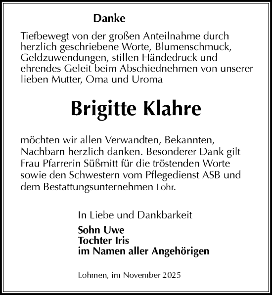 Traueranzeige von Brigitte Klahre von Sächsische Zeitung