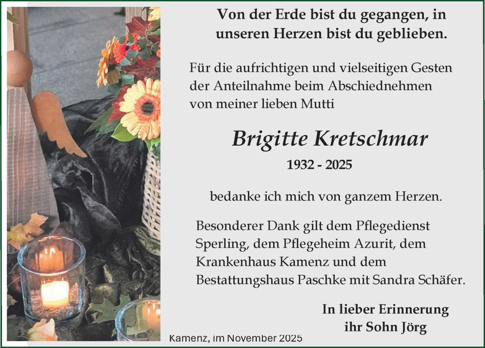  Traueranzeige für Brigitte Kretschmar vom 03.11.2025 aus Sächsische Zeitung