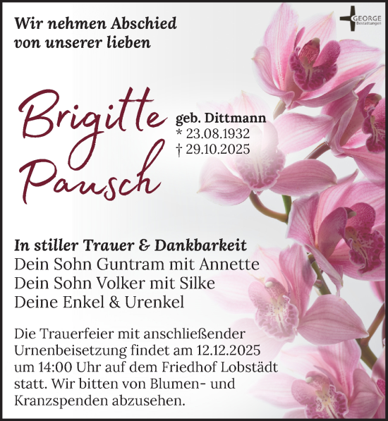 Traueranzeige von Brigitte Pausch von Leipziger Volkszeitung