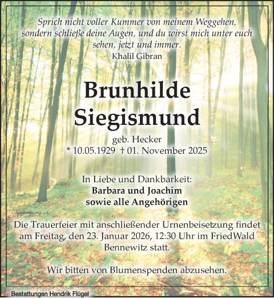 Traueranzeige von Brunhilde Siegismund von Leipziger Volkszeitung
