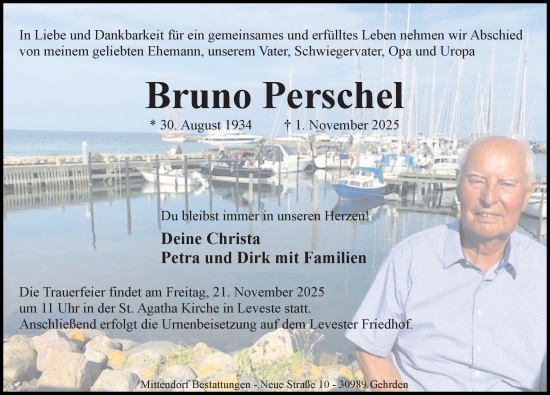 Traueranzeige von Bruno Perschel von Hannoversche Allgemeine Zeitung/Neue Presse