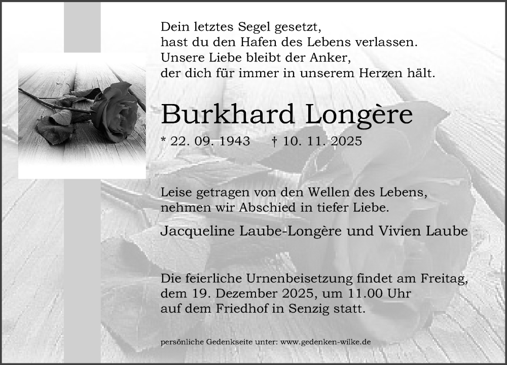  Traueranzeige für Burkhard Longère vom 15.11.2025 aus Märkischen Allgemeine Zeitung