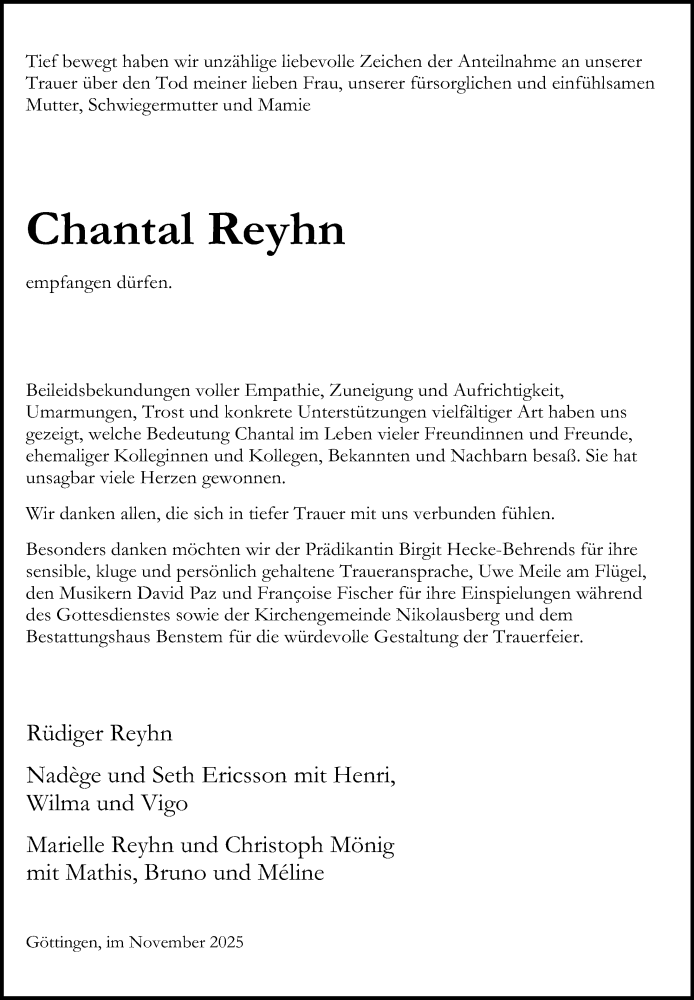  Traueranzeige für Chantal Reyhn vom 15.11.2025 aus Göttinger Tageblatt