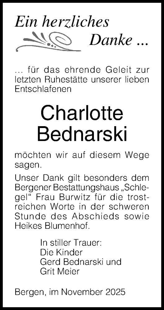 Traueranzeige von Charlotte Bednarski von Ostsee-Zeitung GmbH