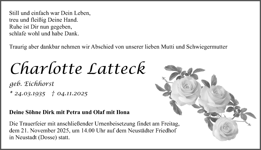  Traueranzeige für Charlotte Latteck vom 15.11.2025 aus Wochenspiegel
