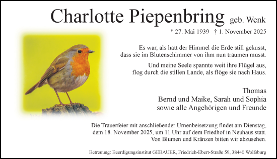 Traueranzeige von Charlotte Piepenbring von Aller Zeitung