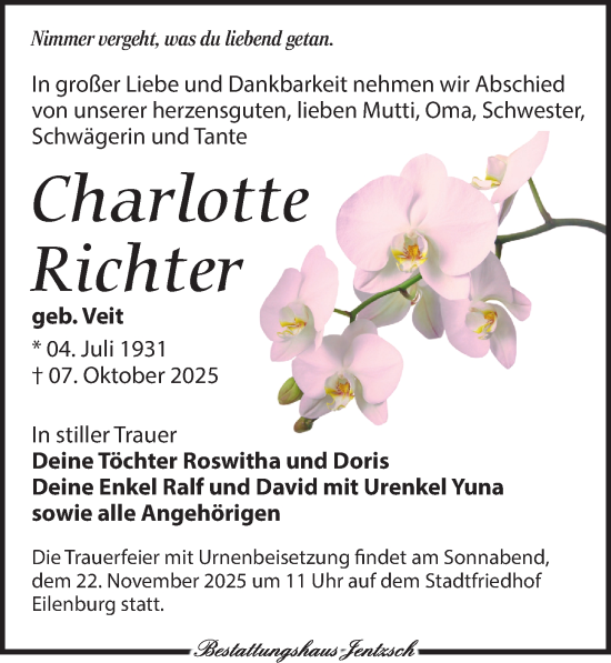 Traueranzeige von Charlotte Richter von Leipziger Volkszeitung