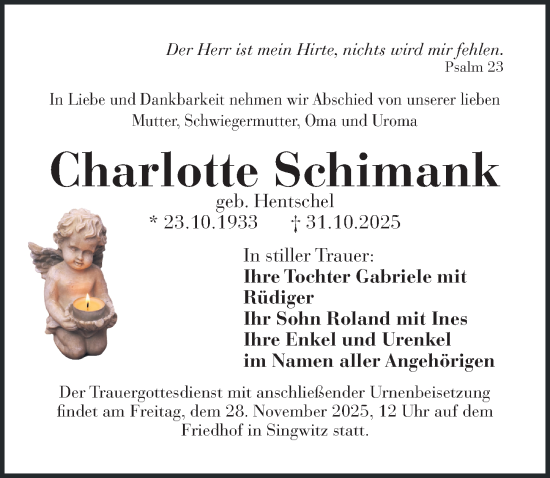 Traueranzeige von Charlotte Schimank von Sächsische Zeitung