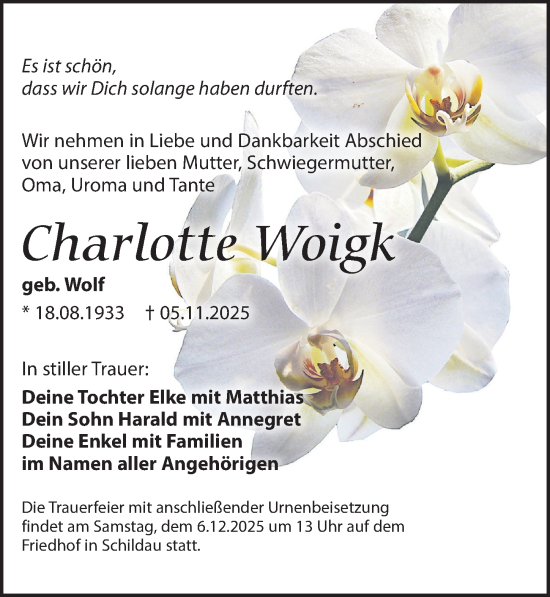 Traueranzeige von Charlotte Woigk von Torgauer Zeitung