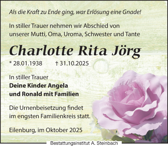 Traueranzeige von Charlotte Rita Jörg von Leipziger Volkszeitung