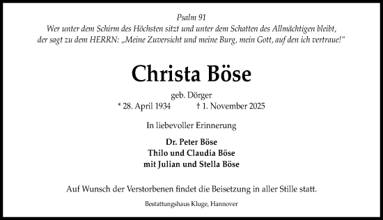 Traueranzeige von Christa Böse von Hannoversche Allgemeine Zeitung/Neue Presse
