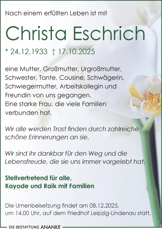 Traueranzeige von Christa Eschrich von Leipziger Volkszeitung