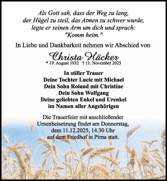 Traueranzeige von Christa Häcker von Sächsische Zeitung